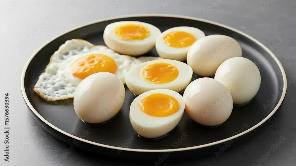 Boiled Eggs And Fried Egg On Black Ceramic Plate With Golden Rim Against Grey Background Boiled Eggs And Fried Egg On Black Ceramic Plate With Golden Rim Against Grey Background
