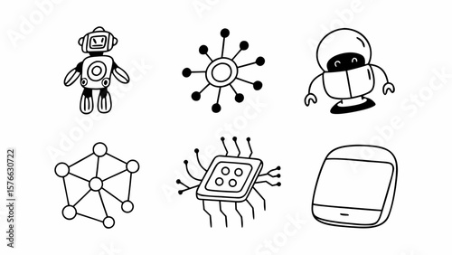 Charming hand-drawn style elements show robots, technology and network graphics, ideal for enhancing digital interfaces and creative technology projects or adding a touch of whimsy to websites.