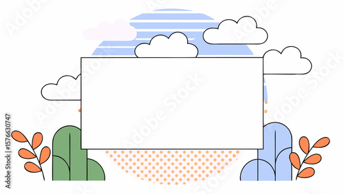 Artistic landscape composition featuring a blank square space, stylized plants and clouds, offering creative possibilities for backgrounds and graphic design projects, a modern artistic concept.
