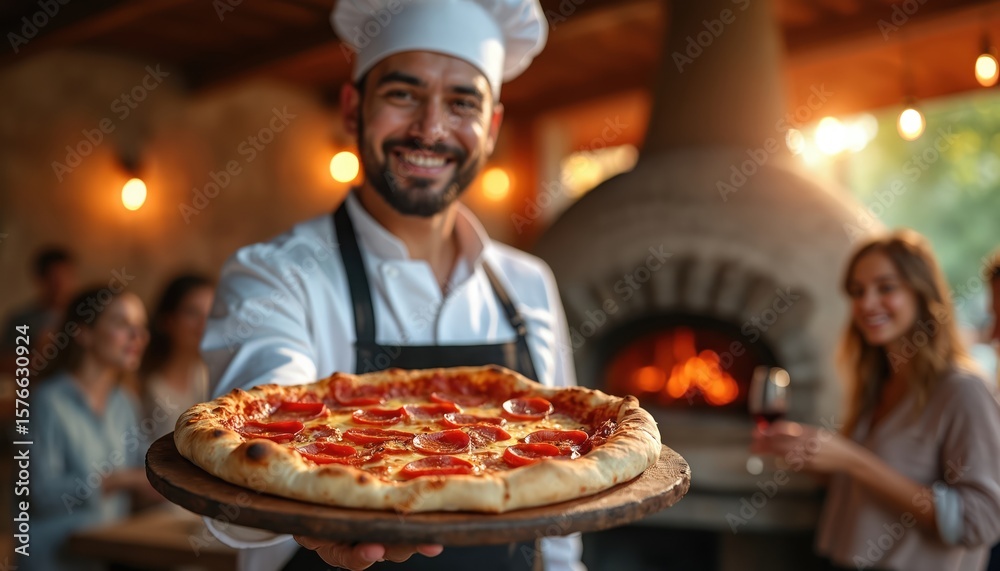 Young chef proudly presents freshly baked pizza near rustic outdoor oven. Happy diners enjoy warm evening atmosphere. Italian culinary, authentic artisan meal, perfect for hospitality, celebration, Young chef proudly presents freshly baked pizza near rustic outdoor oven. Happy diners enjoy warm evening atmosphere. Italian culinary, authentic artisan meal, perfect for hospitality, celebration,
