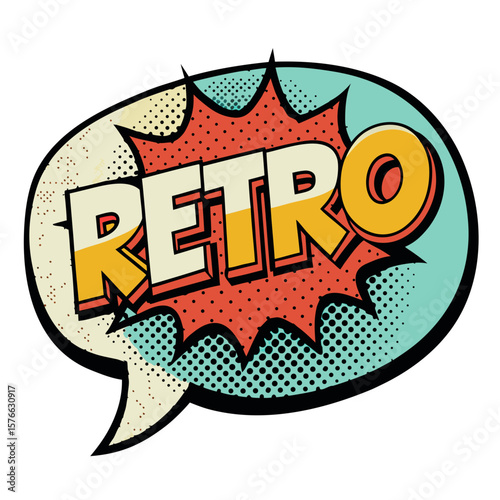 A vibrant graphic featuring a comic-style speech bubble with a halftone pattern and the word "RETRO" in bold, suitable for adding a vintage flair to designs or presentations.