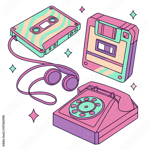 Retro electronic devices with a colorful design featuring a cassette tape, floppy disk, rotary telephone, and headphones creates a nostalgic, eighties, and nineties vibe.