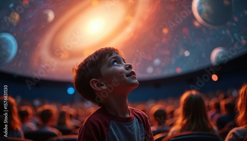 Young boy marvels at planetarium show. Child face illuminated by cosmic display, showing awe and excitement. Audience watches galaxy projection in dark dome theater. Education, science, exploration.
