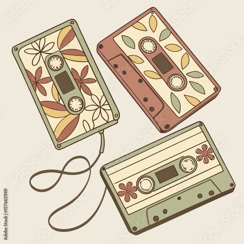 Retro audio cassette tapes adorned with floral patterns create a nostalgic design element perfect for website backgrounds, branding, and bringing vintage musical vibes to any creative project.