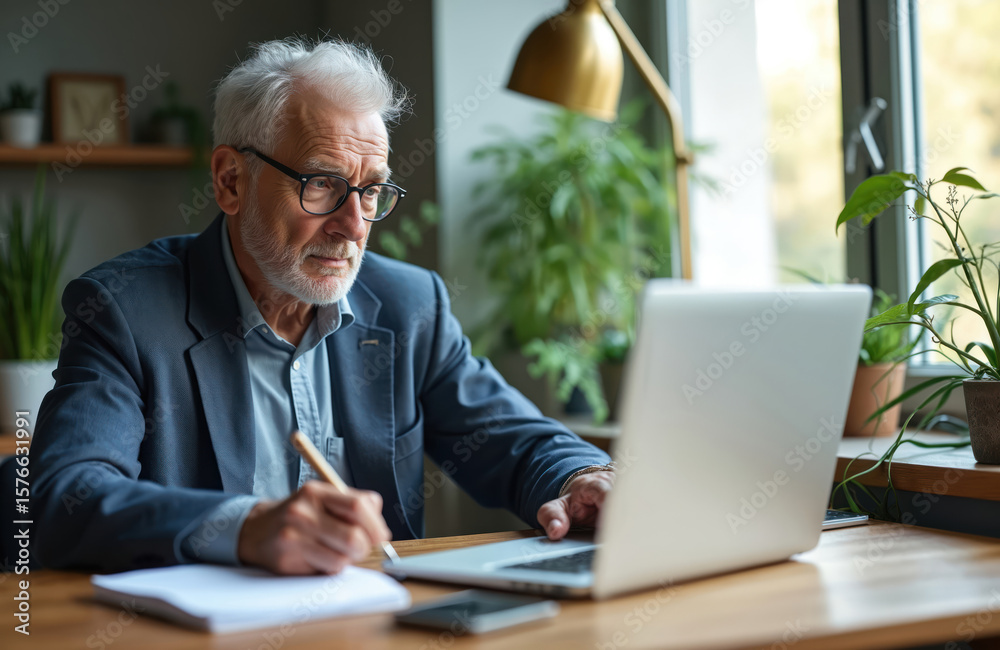 Elderly man with grey hair learns online, sitting at desk with laptop, notebook. Mature man takes notes with pen, engaged in virtual class, embracing technology, lifelong learning during retirement. Elderly man with grey hair learns online, sitting at desk with laptop, notebook. Mature man takes notes with pen, engaged in virtual class, embracing technology, lifelong learning during retirement.