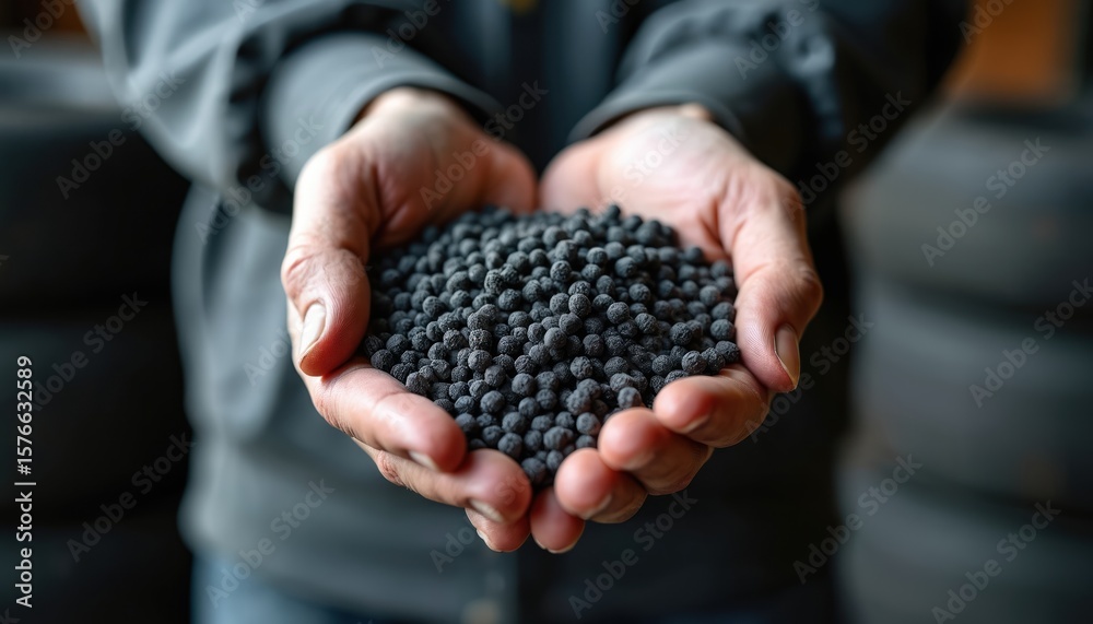 Close-up of hands holding recycled rubber granules derived from old tires. Transformation waste management, sustainability in industry. Black particles represent reused material for construction, Close-up of hands holding recycled rubber granules derived from old tires. Transformation waste management, sustainability in industry. Black particles represent reused material for construction,