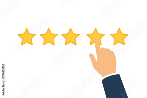 Businessman hand gives a five star rating. Customer review and feedback concept. Rate a service or goods. Online feedback, reputation, and quality. Excellent satisfaction.