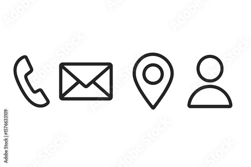 Business card contact information icons set. Web contact us button symbols. Minimal line art vector. Phone, email, address location pin, user profile pictogram collection.