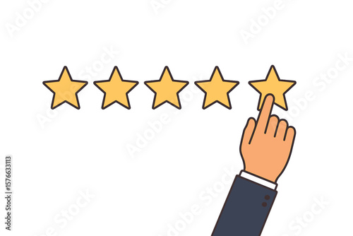 Businessman hand giving a five star rating. Customer review and feedback concept. Excellent service or goods quality satisfaction. Online reputation and evaluation symbol.