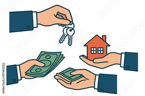Buying and Selling House, Property Loan, Apartment Sale and Rent, Real Estate Trading Agreement, Hand Giving House Keys and Money Transaction