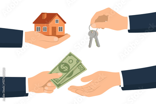 Buying a house, sale and purchase of property. Real estate transaction. Loan for apartment. Trading agreement. Hand giving house keys to customer, hand exchanging money.