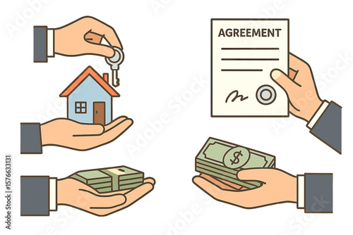 Real estate transaction vector icon set. Buying and selling a house concept. Agent gives keys to customer. Signing contract agreement. Mortgage loan for property investment.