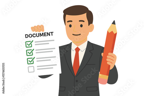 Businessman holding document and pencil. Man in suit with checklist. Business success concept. Task completed. Contract agreement signed. Survey done. Test exam feedback.
