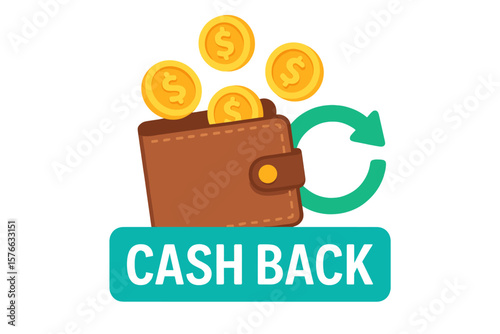 Cash back service concept. Saving money icon with wallet and coins. Money refund label for online shopping partner program. Financial bonus reward symbol. Economy service vector.