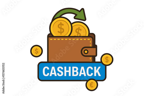 Cashback service promotion concept. Money saving reward program icon. Cash back offer with wallet and coins. Financial bonus or money refund vector illustration for shopping.