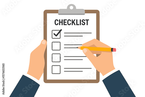 Businessman hands holding clipboard with checklist and pencil. To-do list concept. Marking checkbox. Task completed. Survey, quiz, business form. Planning and organization.