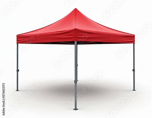 Red pop-up canopy tent provides portable outdoor event shelter. Versatile gazebo offers sunshade protection for parties, markets, festivals. Features durable metal frame, easy-setup collapsible