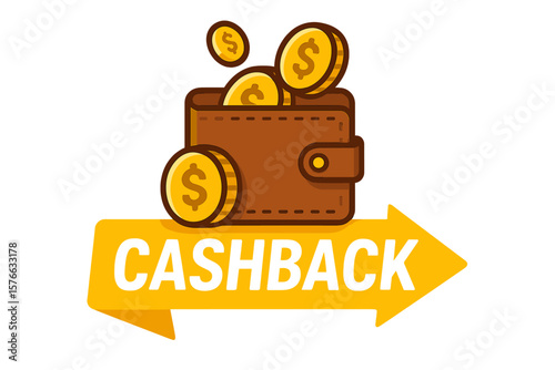 Cashback service. Saving money concept. Cashback icon with wallet and coins. Money refund label. Online cash back. Money economy service. Shopping partner program. Vector