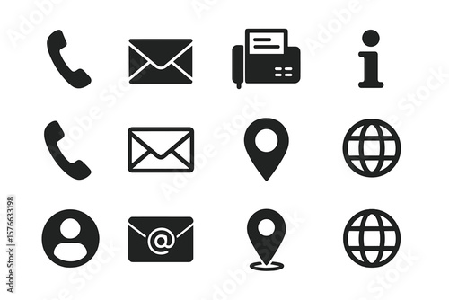 Contact information icon set for business cards. Web communication symbols. Phone, email, mail, fax, address, website, info, user profile avatar, and location pin icons.
