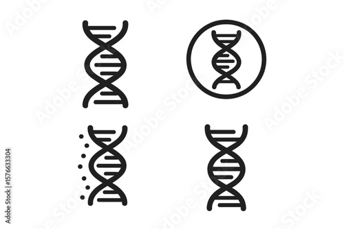 DNA Icon Set: Genetic Symbols, Elements, Pictograms Collection. Four Isolated Black Line Art Illustrations for Biology, Science, Medical, Health, Life, Gene Research