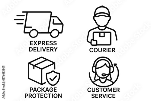 Delivery logistics web icons set. Express delivery truck, courier, package protection, customer service support. Shipping business concept symbols for web and mobile app design.