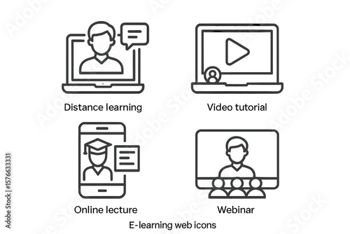 E-learning line icon set. Online education, distance learning concept. Video tutorial, webinar, online lecture symbols. School, university course for web, mobile app vector.