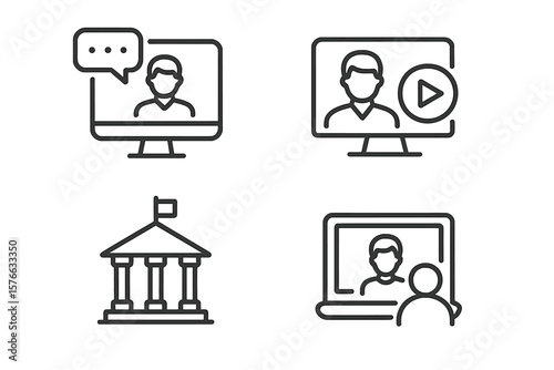 E-learning line icon set. Online education, distance learning, video tutorial, and webinar concepts. School and university web icons for mobile app. Thin line symbols.