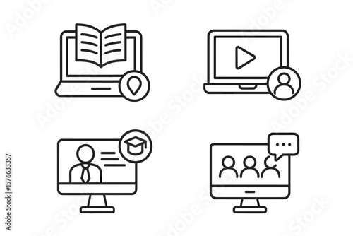 E-learning icon set. Online education, distance learning concepts. Video tutorial, webinar, online lecture, digital library, virtual classroom vector icons for web and mobile.