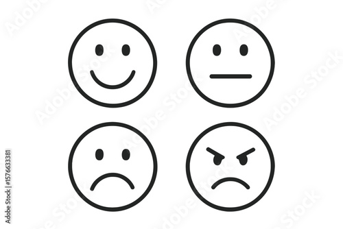 Emotion icons set. Emoji faces with happy, sad, angry, neutral feelings. Customer feedback, satisfaction level and rating symbols for surveys, reviews and user experience.