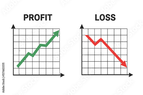 Profit and Loss Graphs. Financial Growth and Decline Chart. Green Up Arrow, Red Down Arrow. Trading, Investment, Market Fluctuation, Crisis, Decrease, Finance Concept Illustration.
