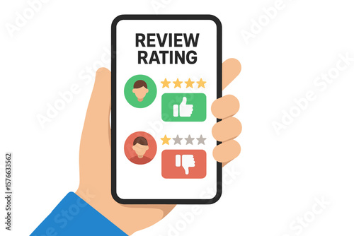 Hand Holding Smartphone with User Review Rating Interface, Customer Feedback, Positive and Negative Ratings, Client Experience, Star Ratings, Thumbs Up Down, Mobile App Concept