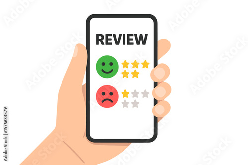 Hand Holding Smartphone with Customer Review Rating, Positive and Negative Feedback, Star Rating System, User Experience Evaluation, Client Satisfaction Survey, Mobile Feedback