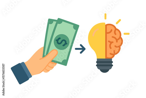 Hand holding money with half light bulb and brain symbolizing business idea, innovation, financial success, investment, salary, dividend, ideas exchange. Flat vector design.