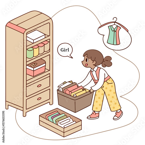 A young girl with brown hair and a ponytail wearing a white shirt and yellow polka dot pants is organizing her belongings in a cute simple illustration