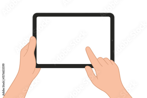 Digital Tablet Mockup. Hands Holding Black Tablet with Blank Screen. Human Finger Touching Tablet Display. Touchscreen Device Template. Modern Technology Concept. Isolated on White Background