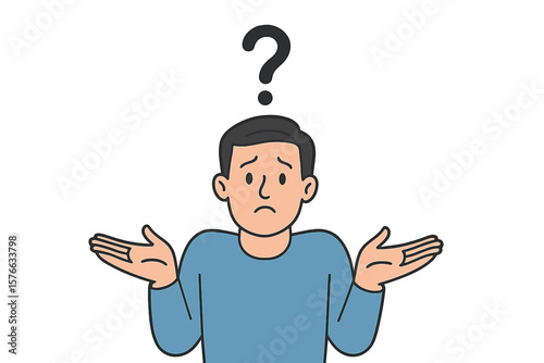 Confused man shrugging shoulders with question mark overhead, uncertain gesture, searching for answer, expressing doubt, helplessness, confusion, problem solving concept