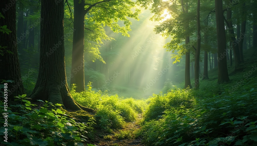 Obraz premium Woodland scene with dirt path through dense forest, lined with wildflowers. Sunlight filters through trees, casting warm glow on path, flowers. Green foliage, vibrant flowers, peaceful atmosphere.