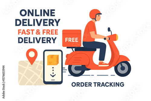 Online delivery service concept with courier on scooter, fast and free shipping, real-time order tracking, map location pin, mobile app, urgent express parcel transport