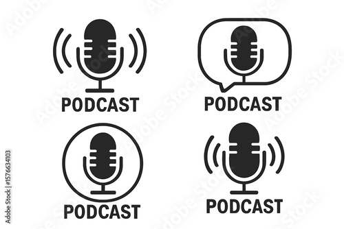 Podcast microphone icon set. Four radio podcast icons for audio blog, webcast, webinar, online training, radio show. Flat vector symbol for audio recording, streaming, broadcasting