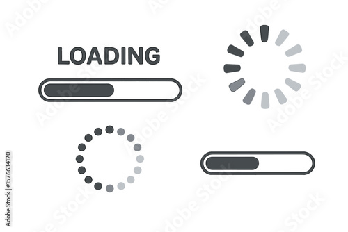 Loading Progress Bar Vector Set. Loading Bar, Progress Indicator, Circular Spinner, Buffering Symbol. UI UX Web Design Elements. Download, Upload, Waiting, Data Transfer, Website, App, Technology