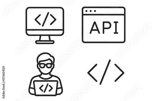 Programming and Coding Web Icons Set in Modern Line Style. Software Development, API, Web and Mobile App, Coder, Developer, Information Technology, Computer Programming Concept