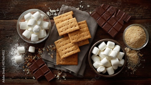 S'mores ingredients laid out on a rustic wooden table