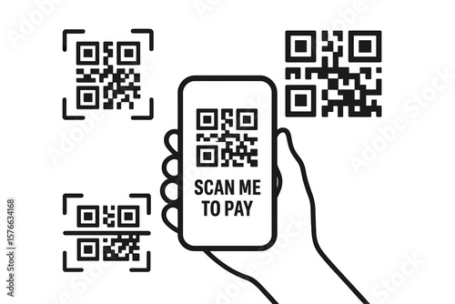 QR code scan icons set. Mobile payment concept. Hand holding smartphone scanning QR code for contactless payment, digital wallet, online transaction. Scan me to pay template