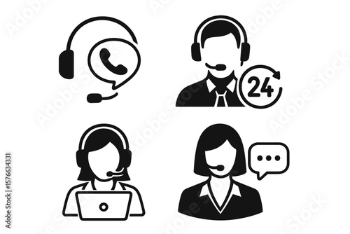 Customer Support Service Icons Set. Call Center Operator, Hotline Consultation, Technical Support, Client Assistance, Help Desk, Consultant, Secretary, Communication Vector