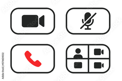 Video Call and Conference Icons Set. Online Meeting, Mute Microphone, End Call, Group Video Chat Symbols. User Interface Buttons for Virtual Workspace, Communication, Remote Collaboration