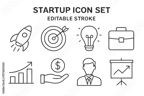 Startup Business Icon Set. Thin Line Editable Stroke. Rocket Launch, Target, Light Bulb, Briefcase, Growth Chart, Money, Businessman, Presentation. Vector Illustration