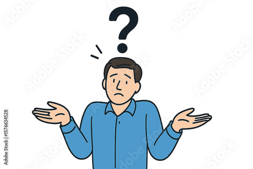 Confused man shrugging shoulders with a large question mark. Concept of doubt, choice, dilemma, problem and solution. Clueless person asking why. Vector character illustration.
