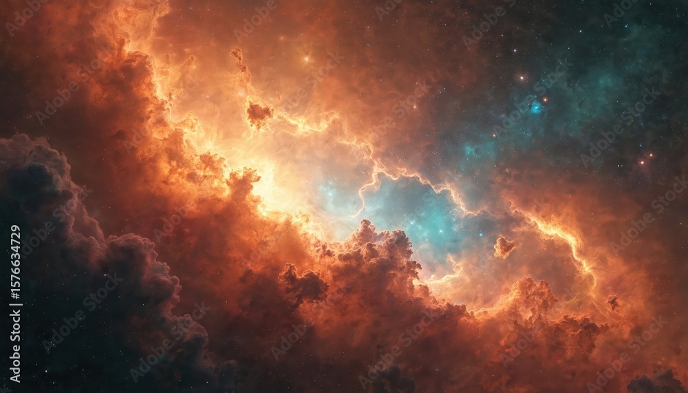 Fototapeta premium Vibrant cosmic nebula illustration with fiery oranges, deep reds, bright turquoise clouds. Starry space background with celestial details, hinting at galaxy formation, stellar birth. Ideal for