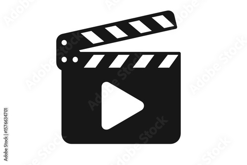 Clapperboard icon with play button in flat style. Black movie clapper board vector illustration for film and video production. Cinema slate symbol. Multimedia entertainment.