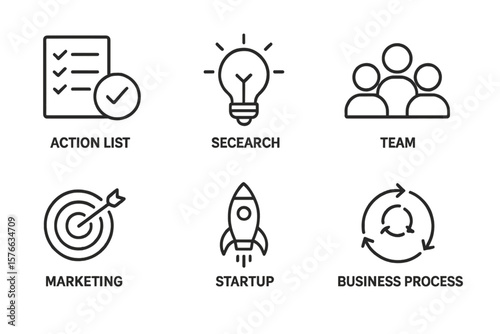 Business process and startup thin line icons. Action list, research idea, teamwork, marketing target, and management solution outline icon set for web and mobile app design.